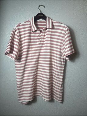 Gustin Men’sXL Red Cream Striped Polo Shirt 100% Cotton Made in USA Short Sleeve